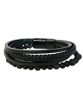 Unisex Bracelet Black Multi-Layer Leather Braided Beaded Strands Boho Artsy Lava